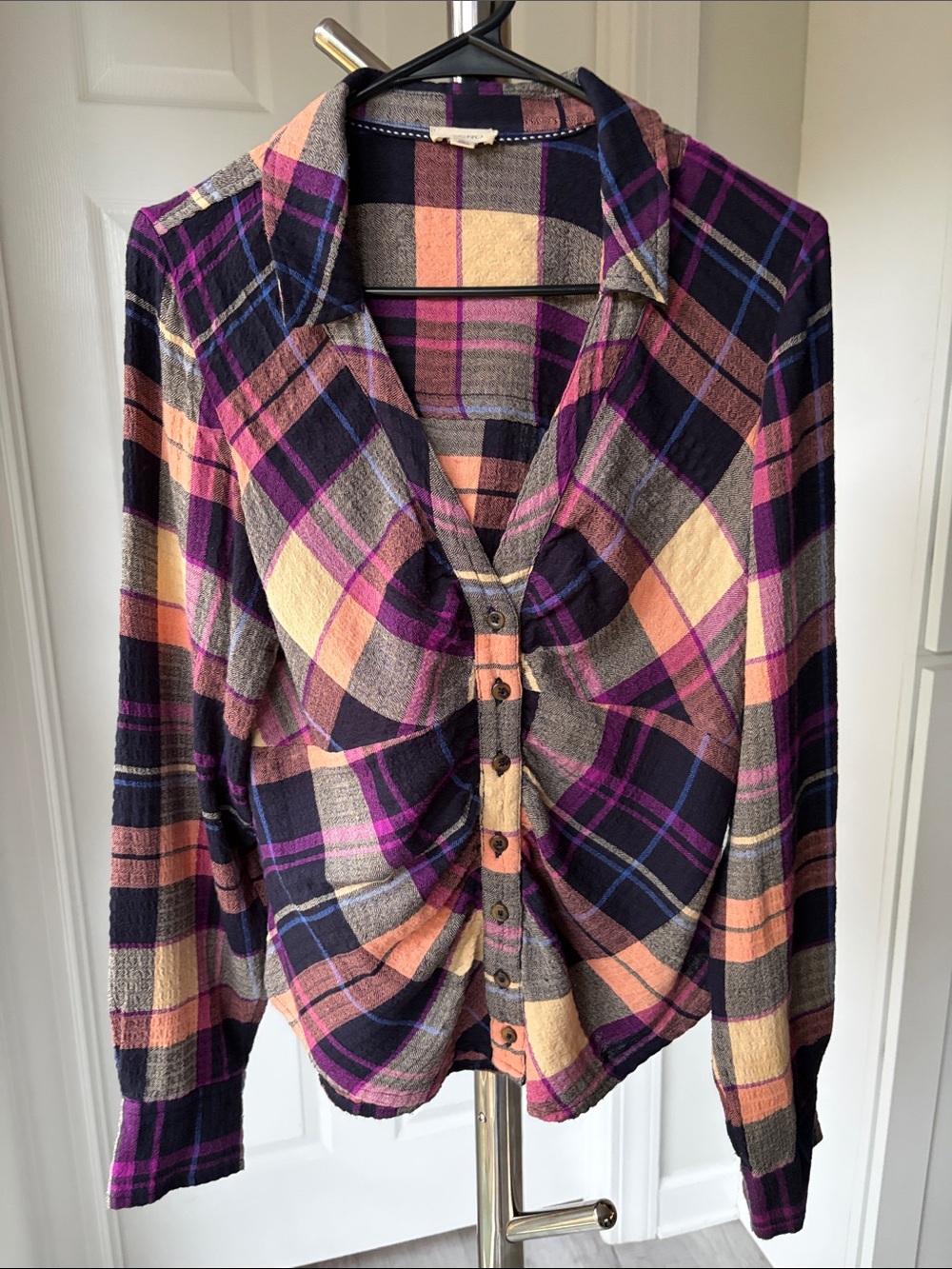 Pilcro Plaid Button-Down Top in Purple, Peach & Gray